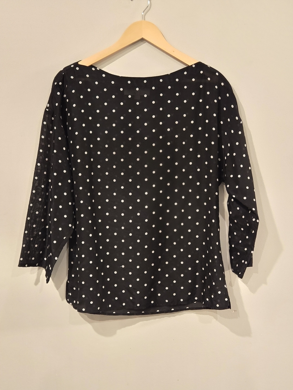 Black White Polka Dot Cotton Silk Blend Top Medium Boat Neck Sheer Lightweight